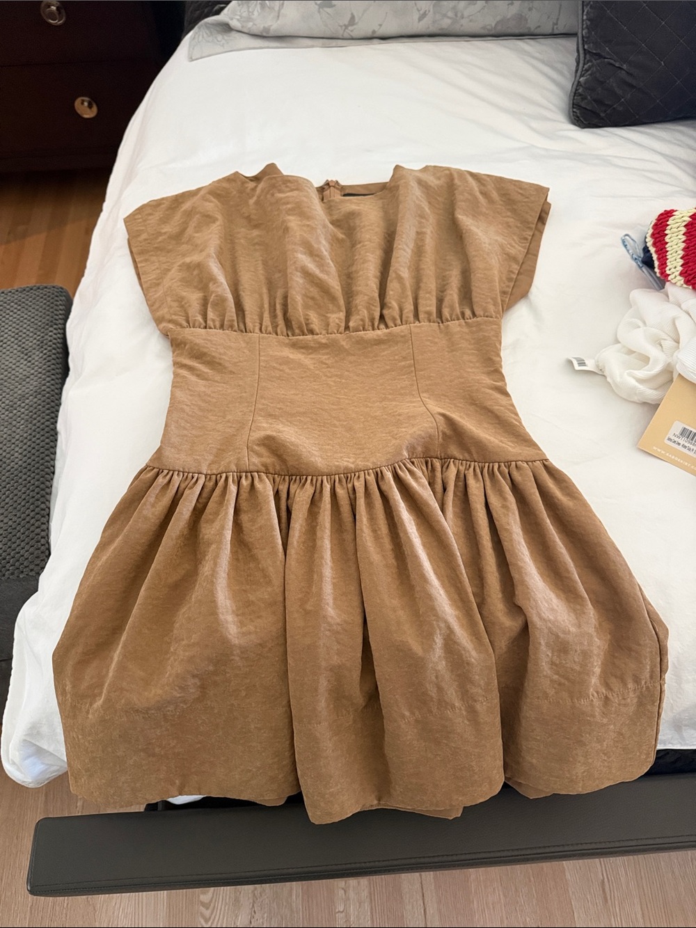 Women’s' Tan Short Sleeve Gathered Waist Dress